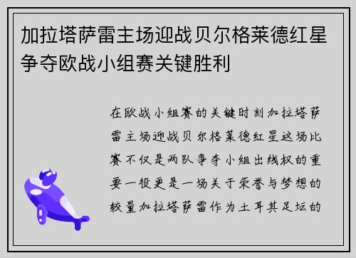 加拉塔萨雷主场迎战贝尔格莱德红星争夺欧战小组赛关键胜利