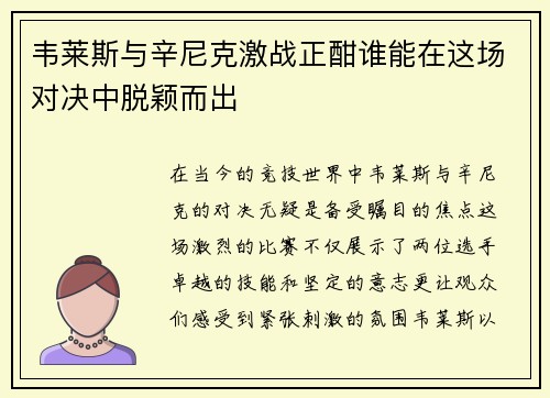 韦莱斯与辛尼克激战正酣谁能在这场对决中脱颖而出